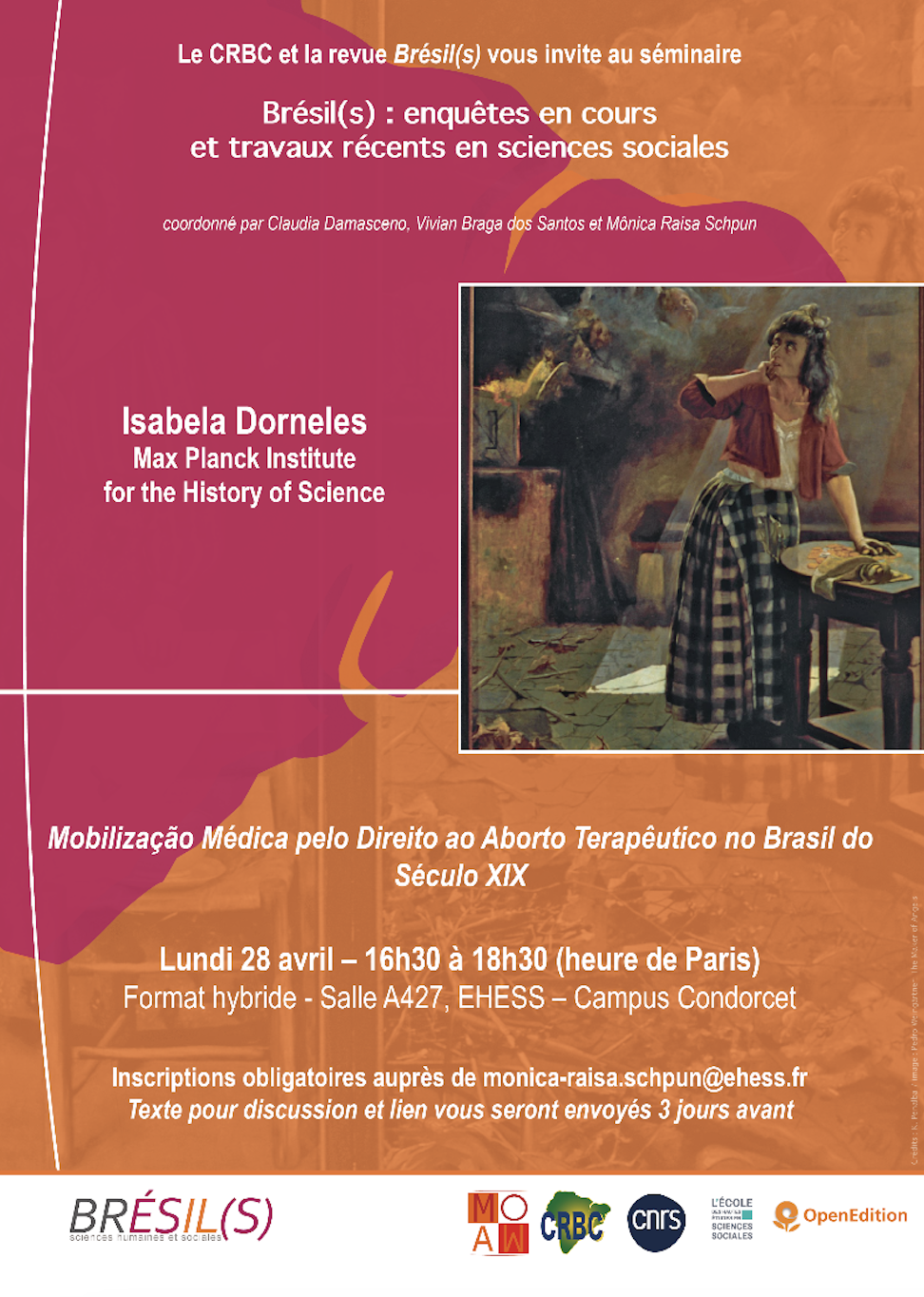 Cartaz da conferência de Isabela Dornelas na EHESS sobre aborto terapêutico no século XIX
